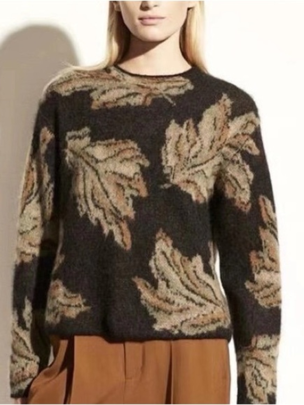 Vince Leaf Jacquard Wool Alpaca Mohair Fuzzy Sweater XS Luxury Designer Knit